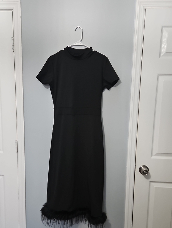 Dresses & Skirts - Classic Black Short-Sleeve Midi Dress with Feather Trim